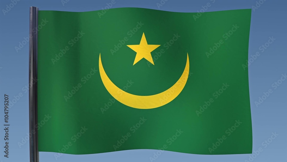 Looping flag of Mauritania with a background of clear blue sky. Looping flag of Mauritania with a background of clear blue sky.