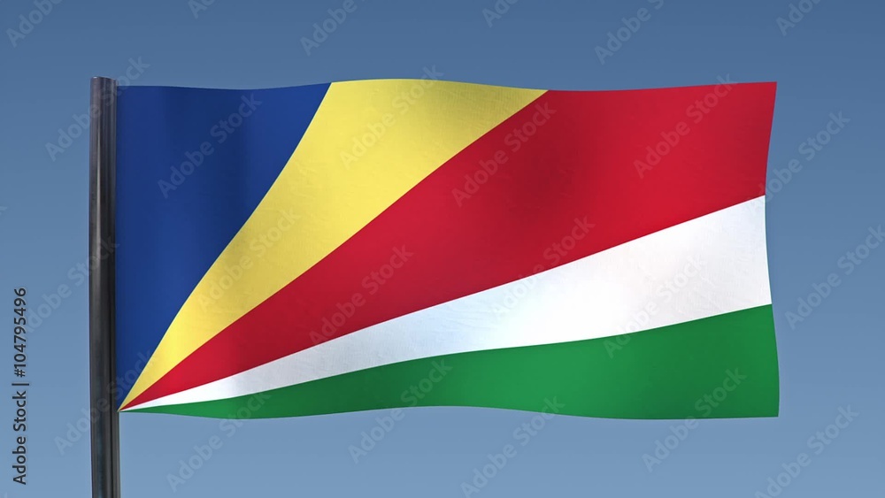 Looping flag of Seychelles with a background of clear blue sky. Looping flag of Seychelles with a background of clear blue sky.
