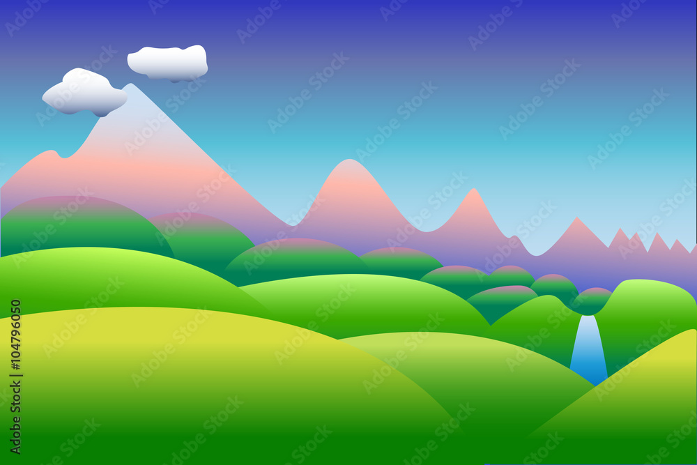 Colorful vector landscape with hills, mountains, waterfall and space for text