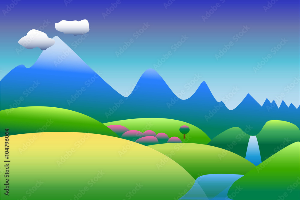 Obraz premium Peaceful landscape with waterfall and mountains vector background