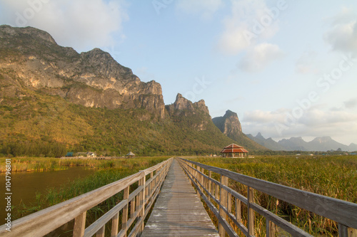wood walkway around the mountain park in evening