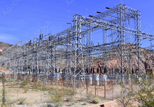 Electrical substation with high voltage components in the desert outside Las Vegas, Nevada