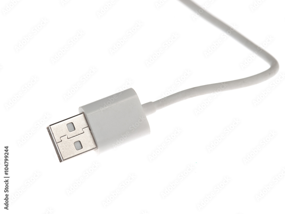 USB cable is white, isolated on white background USB cable is white, isolated on white background