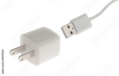 White adapter Charger with usb cable on white background