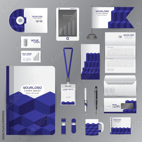 White identity template with blue origami elements. Vector compa