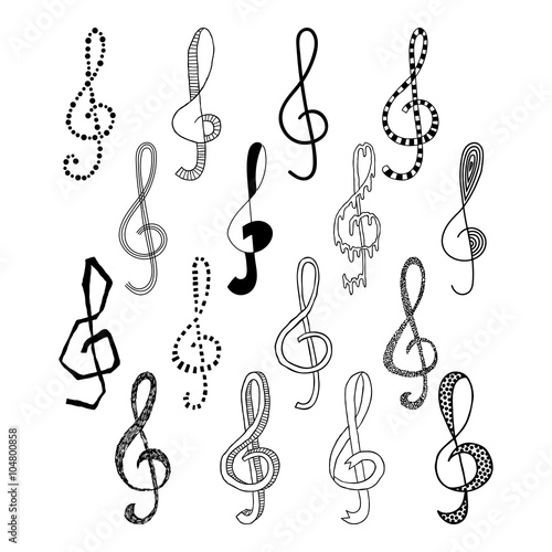 Doodle set of black treble clef, vector illustration