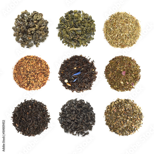 Collection of dry tea isolated on a white background