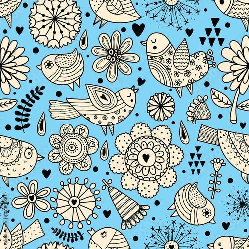 Spring seamless pattern with flowers and polka dot.