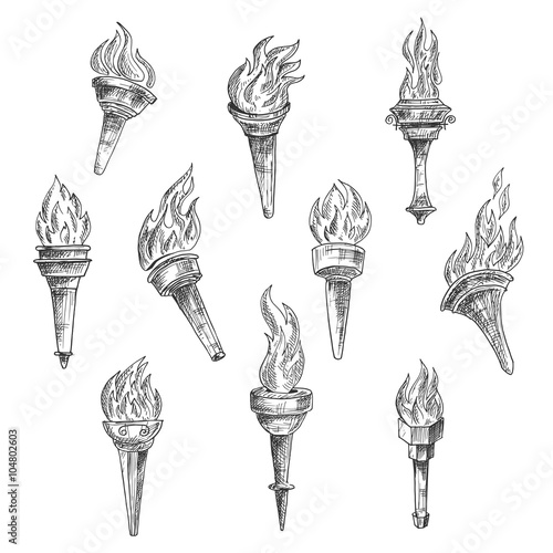 Burning torches in vintage sketch style