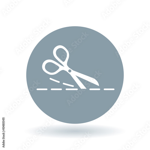 Scissors cutting icon. Scissors cut sign. Scissors snip symbol. White cutting scissors icon on cool grey circle background. Vector illustration.