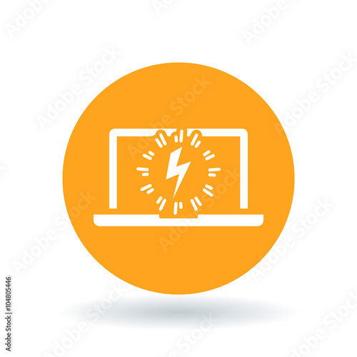 Laptop power charge icon. Notebook lightning bolt sign. Computer electric flash symbol. White laptop charge icon on orange circle background. Vector illustration.