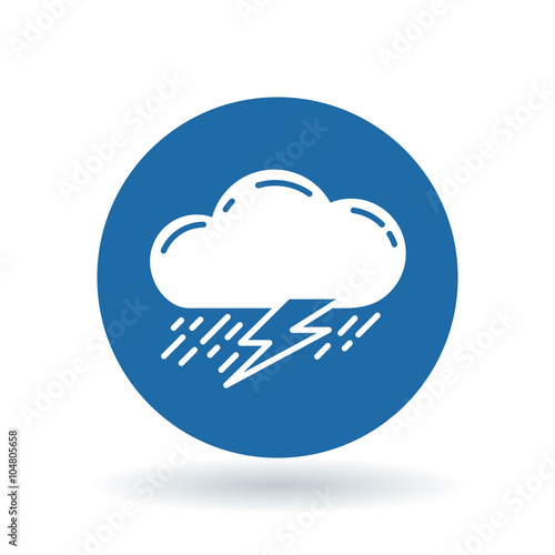 Cloud with rain and lightning thunderstorm icon. Cloud thunderstorm sign. Cloud storm symbol. White cloud storm icon on blue circle background. Vector illustration.