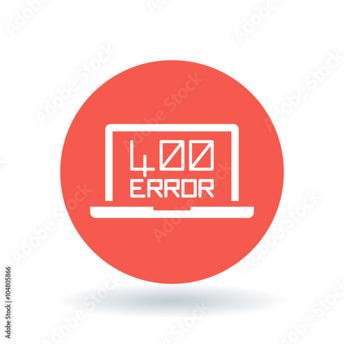 400 bad request error icon. Internet error sign. Laptop browser error symbol. White laptop 400 error icon on red circle background. Vector illustration.