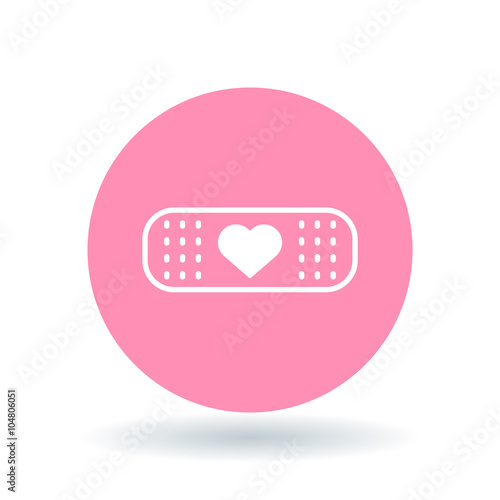 Band aid plaster heart icon. Bandage plaster love sign. Band aid plaster symbol. White plaster heart icon on pink circle background. Vector illustration.