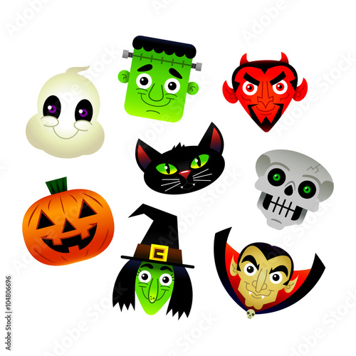 Halloween cartoon characters vector illustration Ghost Frankenstein Black Cat Devil Satan Skull Skeleton Pumpkin Jack O'Lantern Witch Dracula Vampire