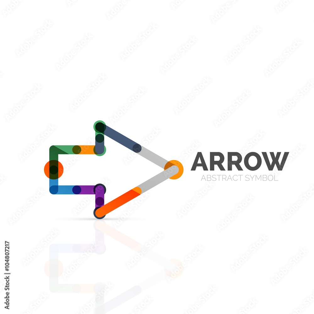 Linear arrow abstract logo, connected multicolored segments of lines in directional pointer figure Linear arrow abstract logo, connected multicolored segments of lines in directional pointer figure