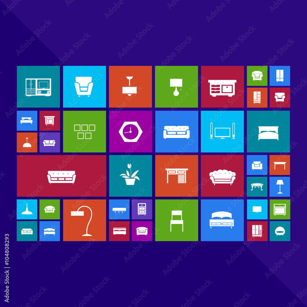 Trendy computer or mobile application app program of flat home appliance furniture and interior decoration tool icon in colorful geometric square block window background with text, create by vector Trendy computer or mobile application app program of flat home appliance furniture and interior decoration tool icon in colorful geometric square block window background with text, create by vector