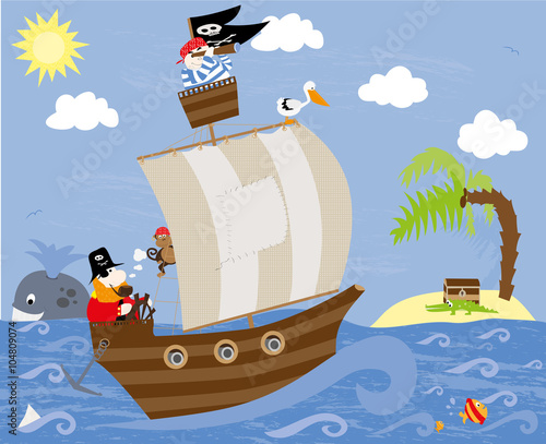 Cartoon pirate ship with pirates, pelican and a monkey and background with the see and the island,  treasure and smiling whale