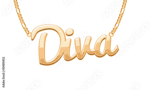 Golden DIVA word pendant on chain necklace.