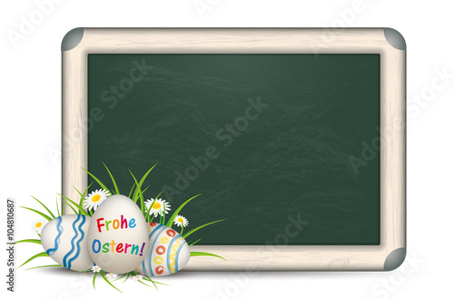 Easter Eggs Grass With Flowers Blackboard Frohe Ostern