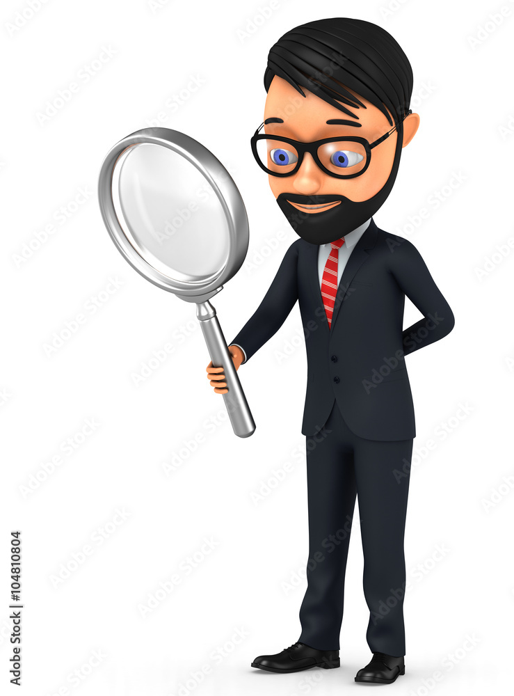 3d illustration. A man with a magnifying glass on a white backgr 3d illustration. A man with a magnifying glass on a white backgr