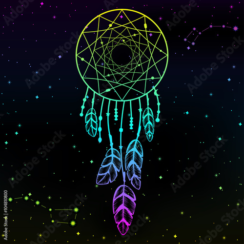 American Indian Dream catcher on starry night sky background. Vector illustration. Tribal design