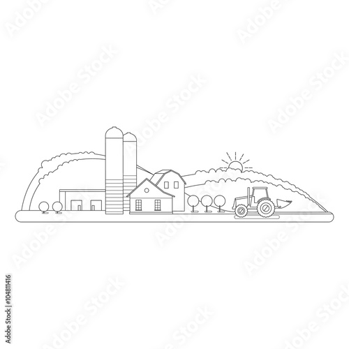 Vector illustration of a rural landscape thin outline. Linear icon of the rural landscape with tractor, houses, hills. Vector rural illustration in linear style