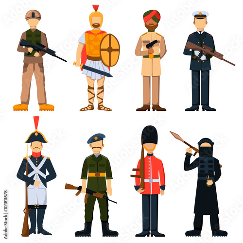 Military soldiers in uniform avatar character set isolated vector illustration. 