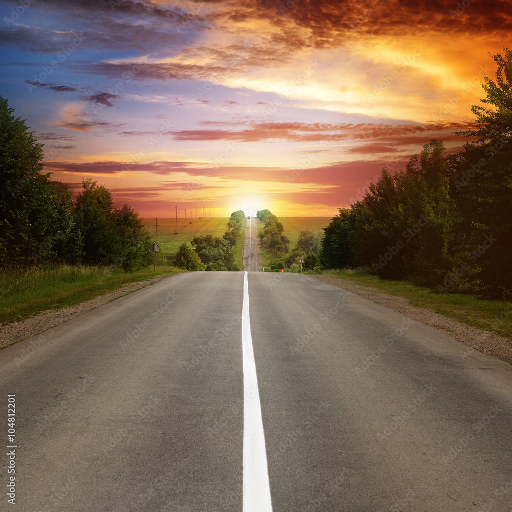 road between trees and beautiful sunset road between trees and beautiful sunset
