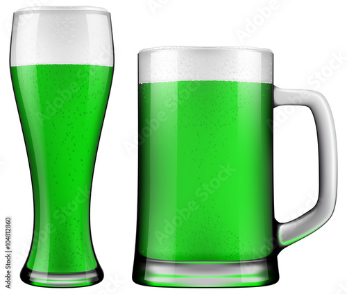Saint Patrick's day green beer mug and glass. Photorealistic vector illustration.