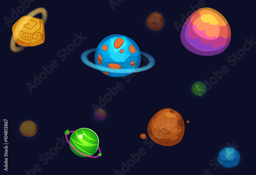 Creative Illustration and Innovative Art: Colorful Planets isolated on Dark Background. Realistic Fantastic Cartoon Style Artwork Scene, Wallpaper, Story Background, Card Design 