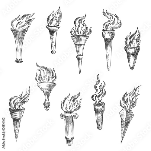 Antique flaming torches sketches set