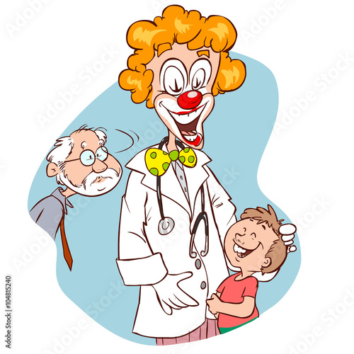 Doctor with clown face holding a child isolated in white