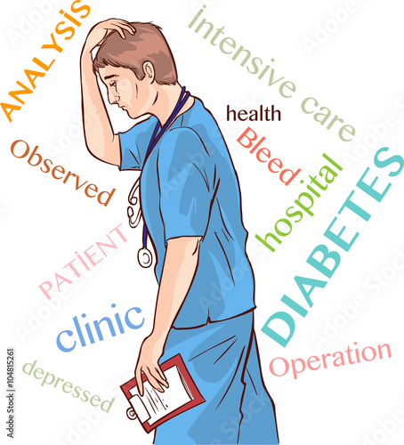 Healthcare background with typography words of depressed doctor