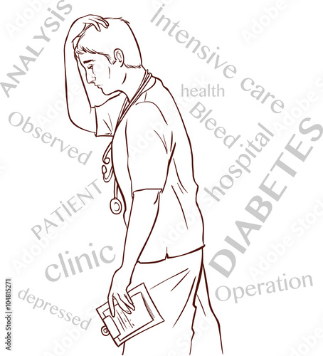 Healthcare background with typography words of depressed doctor