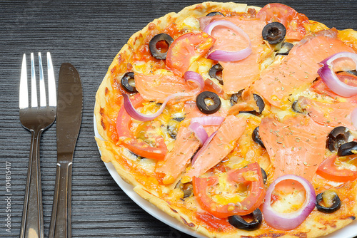 Smoke Salmon Pizza with Black Olive  - Crispier crust pizza
 photo