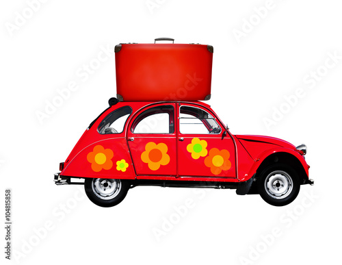 Rote Ente mit Hippie-Blumen und Koffer