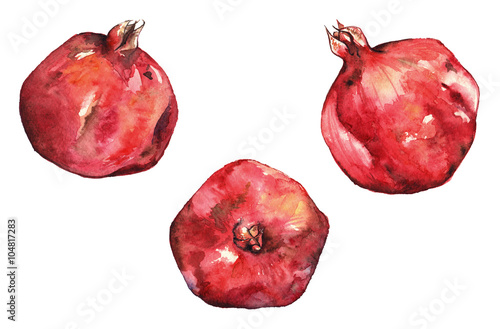 Watercolor hand drawn pomegranate fruit set isolated