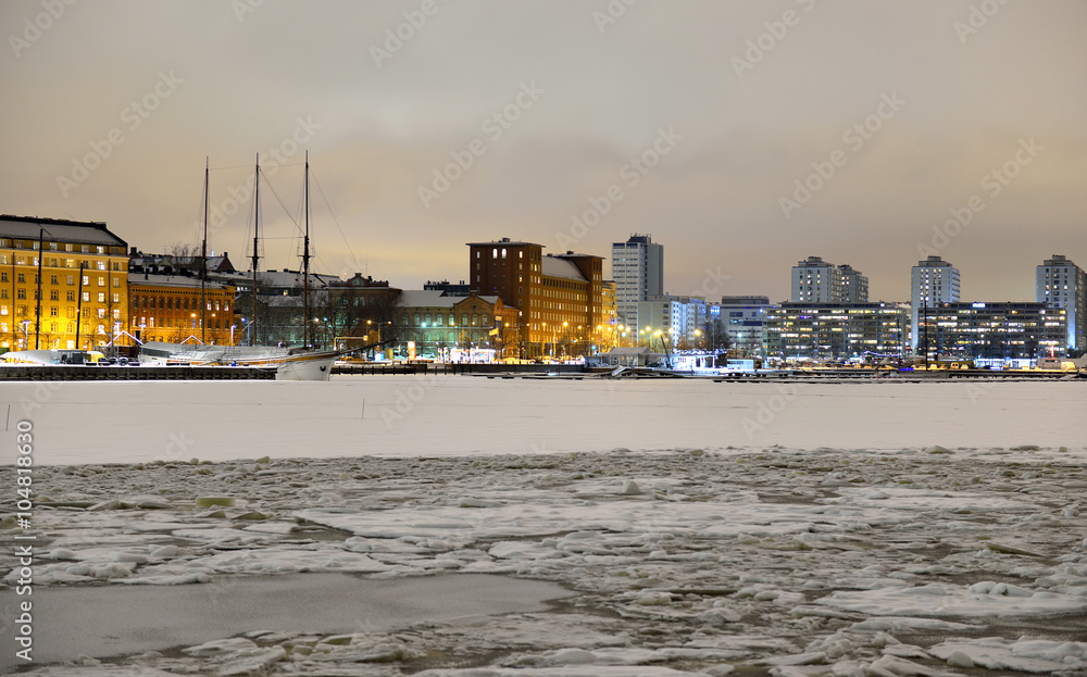 Naklejka premium View of Northern harbor in winter evening