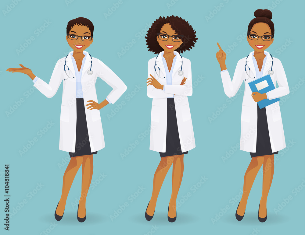 Set of three female doctors in different poses on blue background Set of three female doctors in different poses on blue background