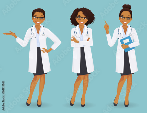 Set of three female doctors in different poses on blue background