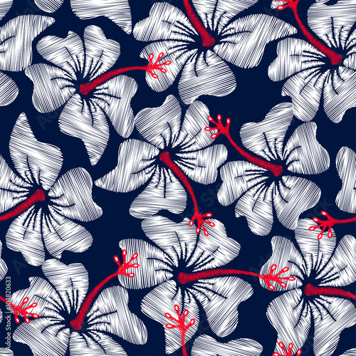 White hibiscus tropical embroidery floral seamless pattern