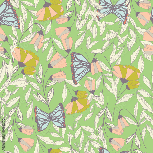 Vector traditional seamless pattern with Monarch butterflies