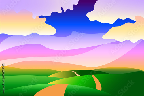 Cartoon sunset vector landscape background