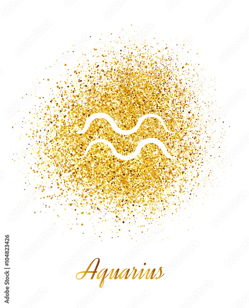 Sign of the zodiac Aguarius on a background of gold sparkles. Stock ...