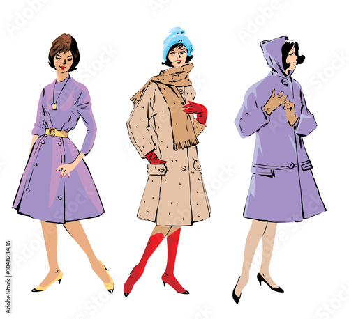 Set of elegant women - retro style fashion models