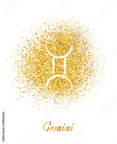 Sign of the zodiac Gemini on a background of gold sparkles.