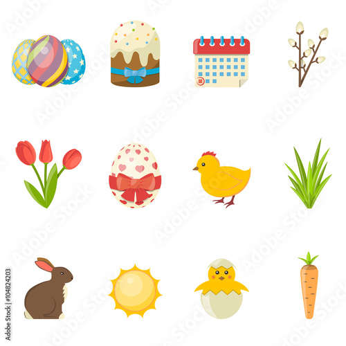 Fototapeta Naklejka Na Ścianę i Meble -  Set of Happy Easter icons. Vector flat Illustration