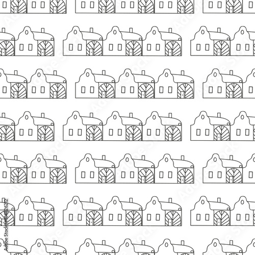 Traditional Czech village houses, seamless pattern.
