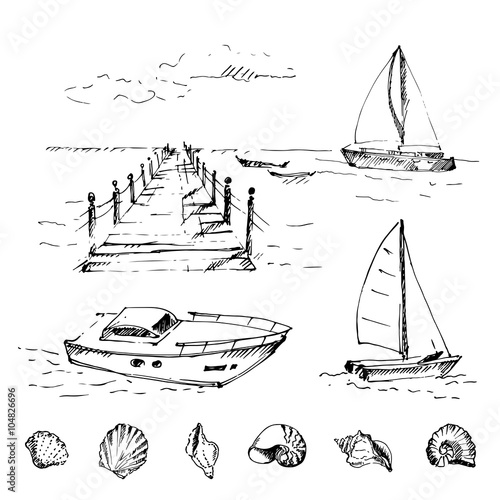 Hand drawn set with wooden pier at sea with cloudscape and cockleshells. Sketch. Vector illustration.